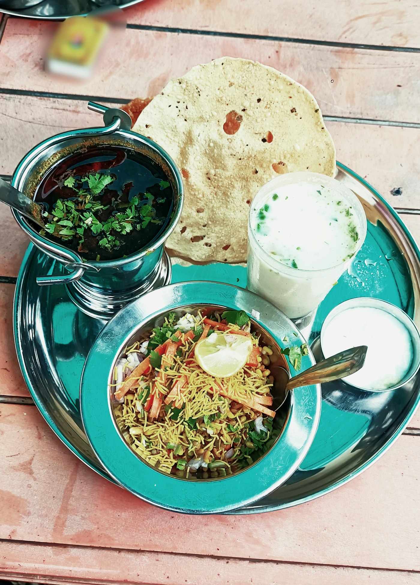 A thali of home-cooked food.